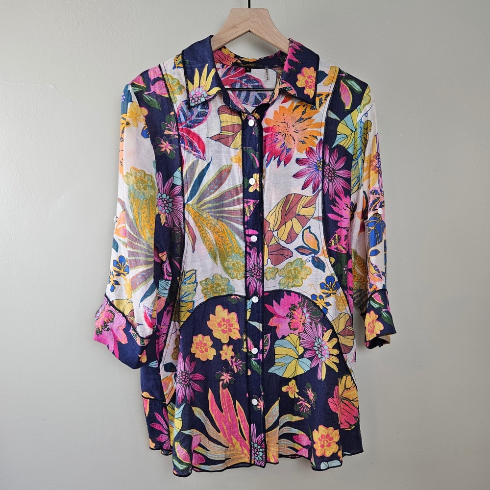 Radzoli Eclectic Floral Tunic Blouse Sz XL Navy Pink Ivory Roll Tab Sleeve Artsy
